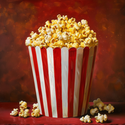 A large, striped red and white bucket overflowing with buttery popcorn sits against a warm, textured background, with scattered pieces around it.