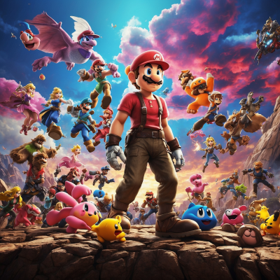 Mario front and center with various Super Smash Bros. Ultimate characters ready for battle against a dramatic sky backdrop.