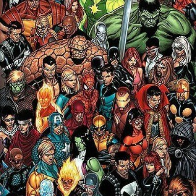 A crowded scene featuring numerous Marvel superheroes and villains, including recognizable characters like Hulk, Spider-Man, and Iron Man, set against a vibrant backdrop.