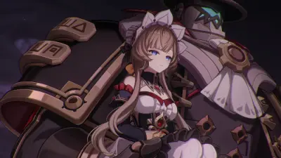 Sandrone (Genshin Impact) — a pale, doll-like girl with long hair and a white bow, seated in front of a large mechanical puppet, set against a dark, moody, gothic backdrop.