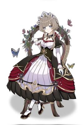 Sandrone (Genshin Impact) wearing an ornate black, red and white Gothic-Lolita dress, braided hair looped into a floral hoop behind her, small butterflies fluttering around.