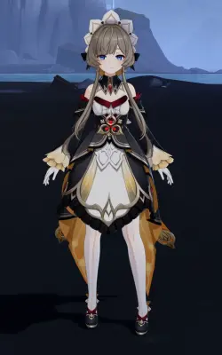 Sandrone (Genshin Impact) stands facing the viewer in a black, white and gold doll-like dress, gray twin tails, blue eyes and a frilled headpiece against a dark coastal cliff background.