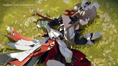 Sandrone (Genshin Impact) lying on yellow-green grass dotted with white flowers, wearing an ornate red, black and white outfit, eyes closed and surrounded by scattered petals.