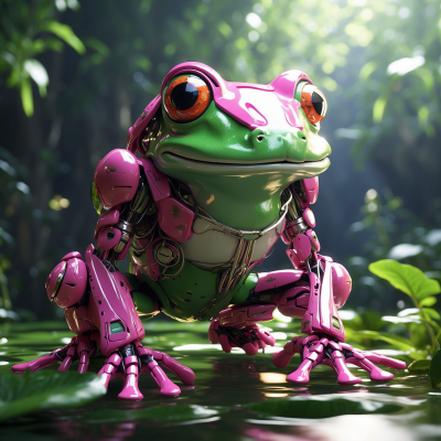 An artistically rendered cybernetic frog with vibrant green skin and pink robotic limbs sitting on lily pads in a sunlit, forested pond scene.
