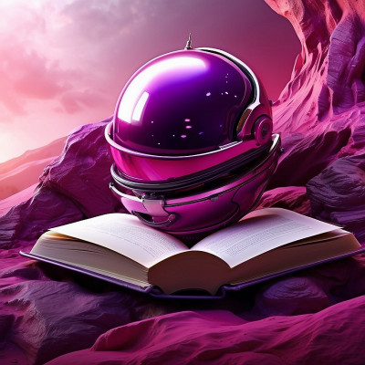 A glossy purple astronaut helmet rests on an open sci-fi book amidst an alien terrain with crimson and violet tones, evoking a sense of futuristic exploration and adventure in literature.