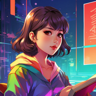 Illustration of a young woman reading a sci-fi book in a vibrant, futuristic city setting with neon lights.