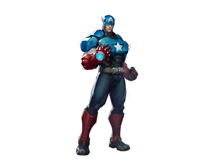 Captain America from Marvel Rivals standing full-body in armored blue suit with white star, red gauntlets and boots, glowing shield energy on fist on black background.