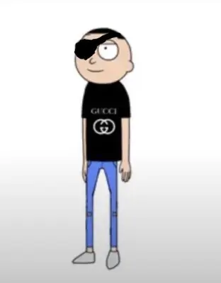 Gucci Morty (meme): cartoon Morty wearing an eyepatch, black Gucci t-shirt with logo, skinny blue jeans and gray shoes, standing against a plain light background.