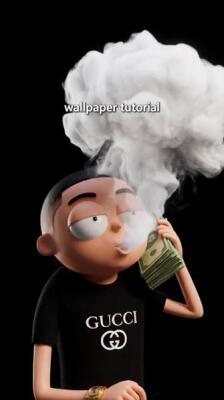Gucci Morty (meme): cartoon Morty-style character in a black Gucci tee holds a stack of cash to his mouth like a phone, exhaling a large smoke cloud labeled wallpaper tutorial on black background.