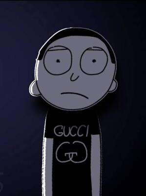 Gucci Morty (meme): cartoon Morty with a blank stare wearing a black Gucci t‑shirt, pale face and simple shading, standing against a dark gradient background.