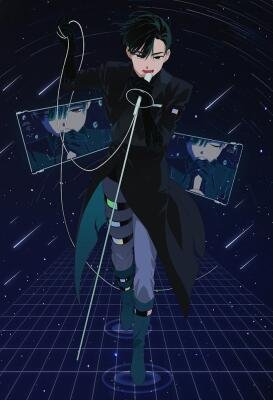 Solo performer in a dark coat on an alien stage, integrating glowing cables and floating screens above a starry, grid-patterned floor.