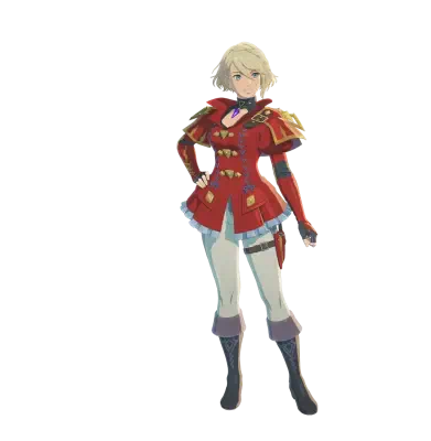 Blonde female hunter in a red military-style coat, white leggings and knee boots, hands on hips in a confident pose — character art from Monster Hunter Stories 3: Twisted Reflection