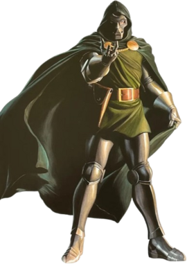 Doctor Doom from Marvel vs. Capcom 3: Fate of Two Worlds — armored villain in a green hooded cloak and metal mask, cape billowing, pointing a gauntleted hand forward.