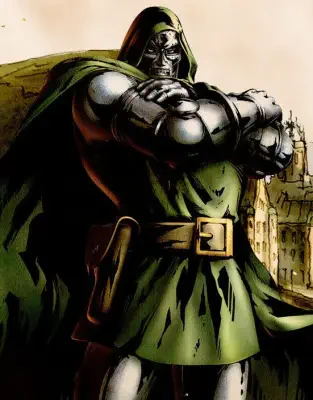 Doctor Doom in metal armor and a green cloak, arms crossed before a crumbling castle — artwork from Marvel vs. Capcom 3: Fate of Two Worlds.