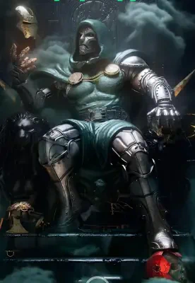 Doctor Doom from Marvel vs. Capcom 3: Fate of Two Worlds sits on a throne in green cloak and metal armor, his mask glowing amid smoke, lightning and ominous skull motifs.