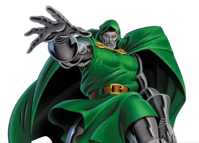 Doctor Doom from Marvel vs. Capcom 3: Fate of Two Worlds — masked armored figure in a green cloak and belt, cape billowing, reaching a gauntleted hand toward the viewer.