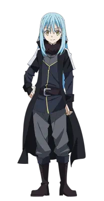 Full-body illustration of Rimuru Tempest from That Time I Got Reincarnated as a Slime, standing with long blue hair, dark cloak and tunic, boots, hands at sides and a calm expression.