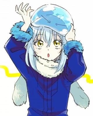 Rimuru Tempest from That Time I Got Reincarnated as a Slime lifting a translucent blue slime over their head, pale hair and yellow eyes, wearing a blue coat with fur collar and cuffs.