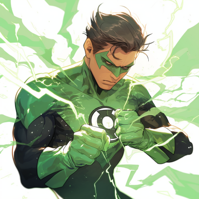 A superhero in a vibrant green costume, wearing a mask and emblem, clenches his fists, surrounded by a burst of green energy and light, embodying power and determination.