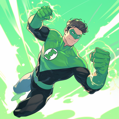 A superhero in a green and black suit, wearing a mask, flies confidently through a bright green background, charging up with energy.