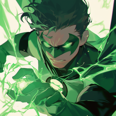 A dynamic illustration of Green Lantern, with intense green energy emanating from his ring, portraying focus and determination in a vibrant, action-packed scene.