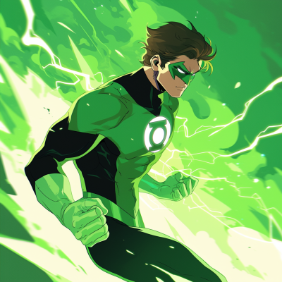 A dynamic illustration of Green Lantern, showcasing him in a powerful stance with green energy swirling around, wearing his iconic uniform and mask.