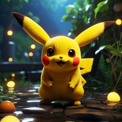 3D illustration of Pikachu, a yellow and cheerful electric-type Pokémon, in an enchanting forest setting with glowing lights.