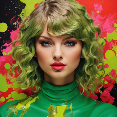 Stylized portrait of a woman with green wavy hair and vibrant color splashes in the background.