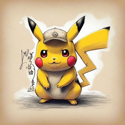 Illustration of Pikachu wearing a cap with Asian characters beside it.