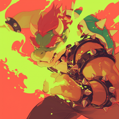 Colorful illustration of Bowser, the iconic antagonist from the Super Mario series, with a dynamic fiery background.