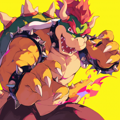 Colorful illustration of Bowser, the iconic villain from the Super Mario series, roaring with a fierce expression against a bright yellow background.