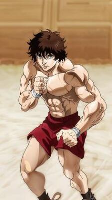 Baki Hanma shirtless and muscular, fists raised in a fighting stance on a training mat inside a wooden dojo, wearing red shorts.