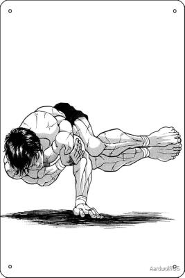 Black-and-white manga illustration of Baki Hanma balancing horizontally on one arm, muscular body taut, legs extended with feet together, veins and shadows emphasizing his intense expression