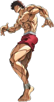 Baki Hanma — ultra-muscular anime fighter in red shorts, wrist and ankle tape, dynamic fighting pose with ripped torso and legs, intense glare over his shoulder.