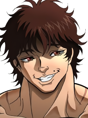 Close-up of Baki Hanma: tousled brown hair, red eyes and a cocky toothy grin, muscular neck and bare shoulders visible.