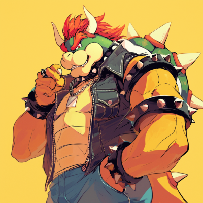Illustration of Bowser in a stylized human form wearing a spiked leather jacket and sunglasses, with a cool demeanor against a yellow background.