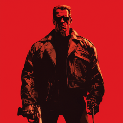 Stylized graphic of a terminator character from Terminator 2: Judgment Day, featuring intense red background with iconic sunglasses and leather jacket.