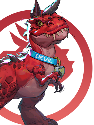 Red horned cartoon T‑rex with spiky scales and sharp teeth, wearing a blue collar labeled DEVIL, clutching a skull charm and posed before a red circular emblem — Marvel Rivals.