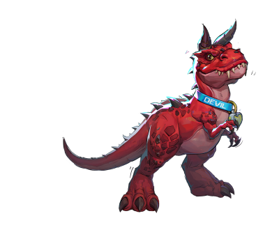 Red cartoon baby dinosaur with horns, spiky back and 'DEVIL' collar, standing with a playful grin — Marvel Rivals.