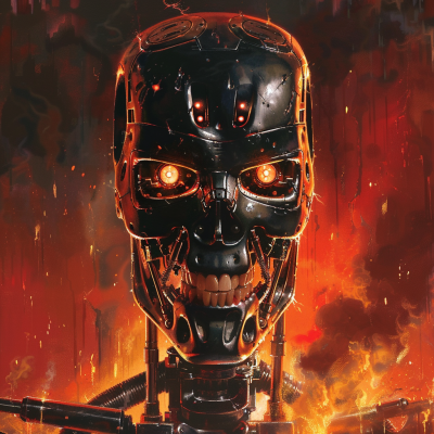 Close-up of a T-800 Terminator cyborg skull from the movie Terminator 2: Judgment Day with glowing red eyes and a fiery backdrop.