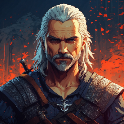 Illustration of Geralt of Rivia from The Witcher 3: Wild Hunt video game with a determined expression against a backdrop of fiery embers.