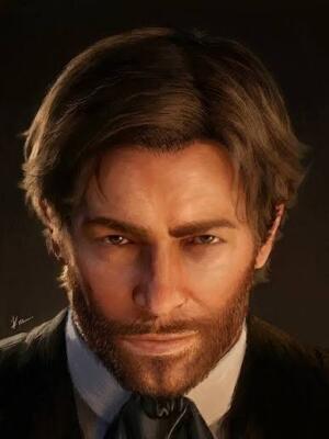 Arthur Morgan from Red Dead Redemption 2 — close-up portrait of a rugged, bearded man with intense eyes, tousled brown hair and warm shadowed lighting.