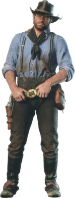 Arthur Morgan from Red Dead Redemption 2: standing gunslinger in a wide-brimmed hat, blue shirt, suspenders and holster, hands on belt buckle.