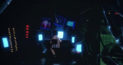 Serial Experiments Lain — solitary figure Lain hunched before multiple glowing monitors and tangled cables in a dark, cybernetic room.