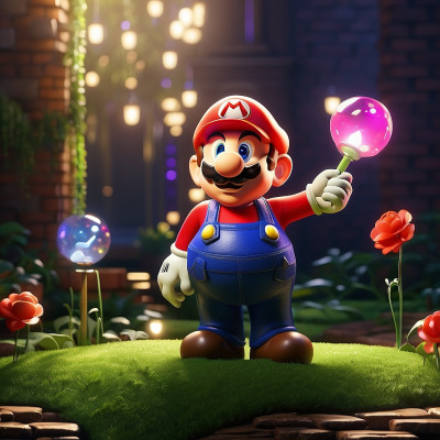 Mario holding a glowing purple mushroom with a magical atmosphere, surrounded by flowers at nighttime.