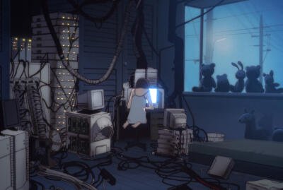 Serial Experiments Lain — a girl in a white dress sits before a glowing monitor amid a clutter of vintage computers and tangled cables; toy silhouettes line the window.