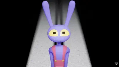 Purple rabbit-like character with tall ears and pink overalls stands in a narrow spotlight on a dark stage — the amazing digital circus.