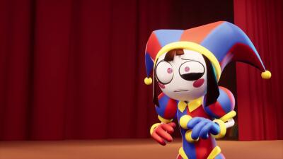 A colorful jester character from The Amazing Digital Circus stands on a stage with red curtains, wearing a blue-and-red hat with bells and a puzzled, uneasy expression.