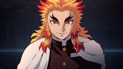 Kyojuro Rengoku from Demon Slayer -Kimetsu no Yaiba- The Movie: Mugen Train, smiling with flaming red-and-gold hair, intense golden eyes, white cloak draped over his dark uniform.