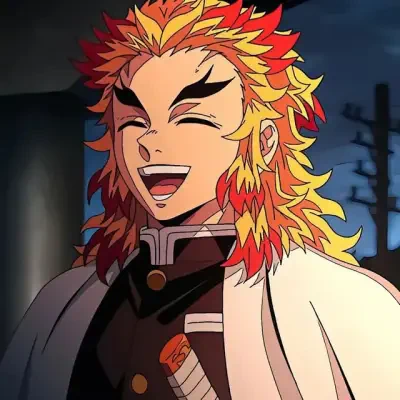 Kyojuro Rengoku from Demon Slayer -Kimetsu no Yaiba- The Movie: Mugen Train, laughing with blazing red-and-gold hair, Flame Hashira uniform and white cloak against a dark, rainy night backdrop.